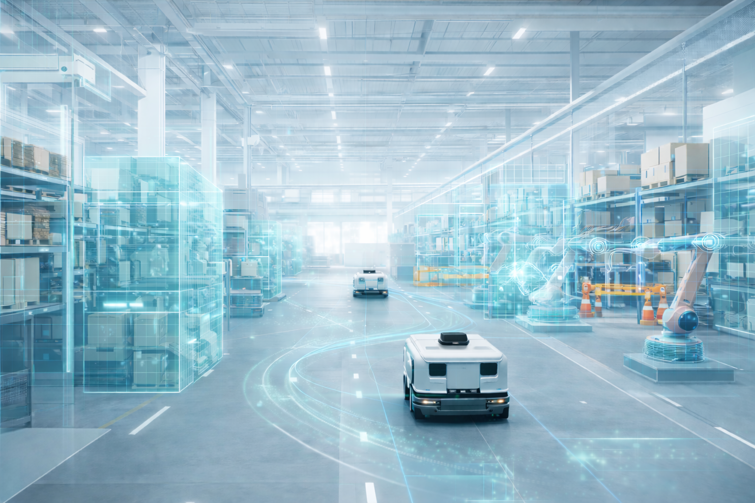 Digital twin warehouse with autonomous robots and holographic overlays